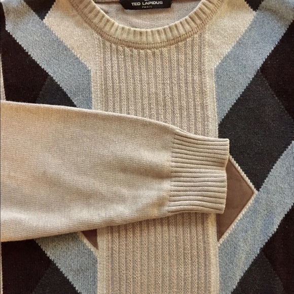 Ted Lapidus Paris Men’s Sweater XL Argyle Print Beige Grey Cotton Crew Neck - Picture 4 of 16